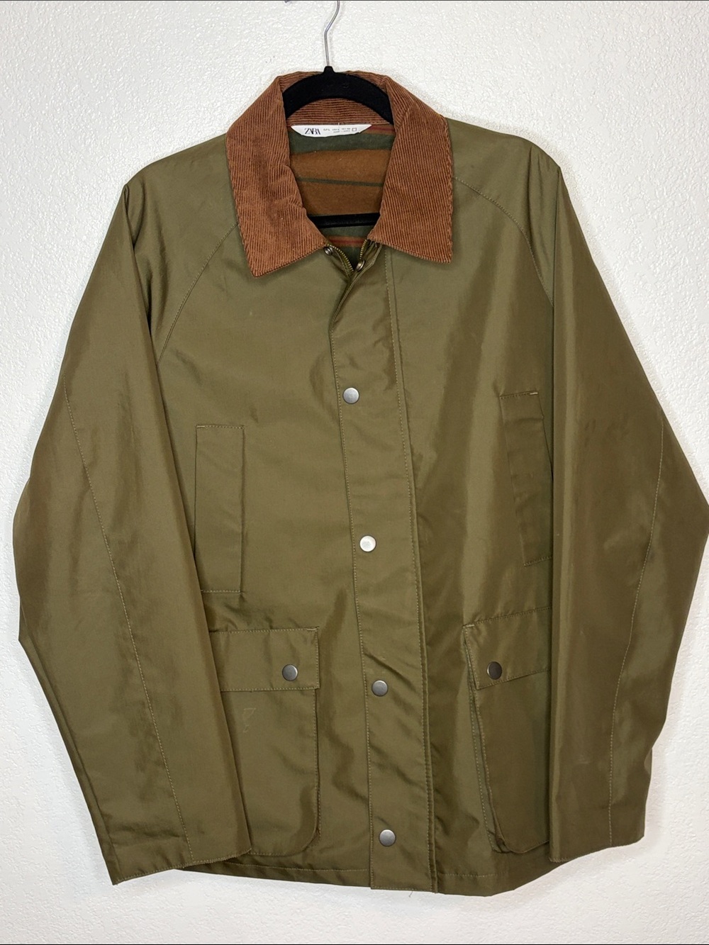 Zara Olive Green Brown Corduroy Chore Barn Coat Size Large Classic Timeless